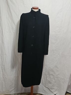 Classic Black Long Wool Trench Coat with Stand Collar